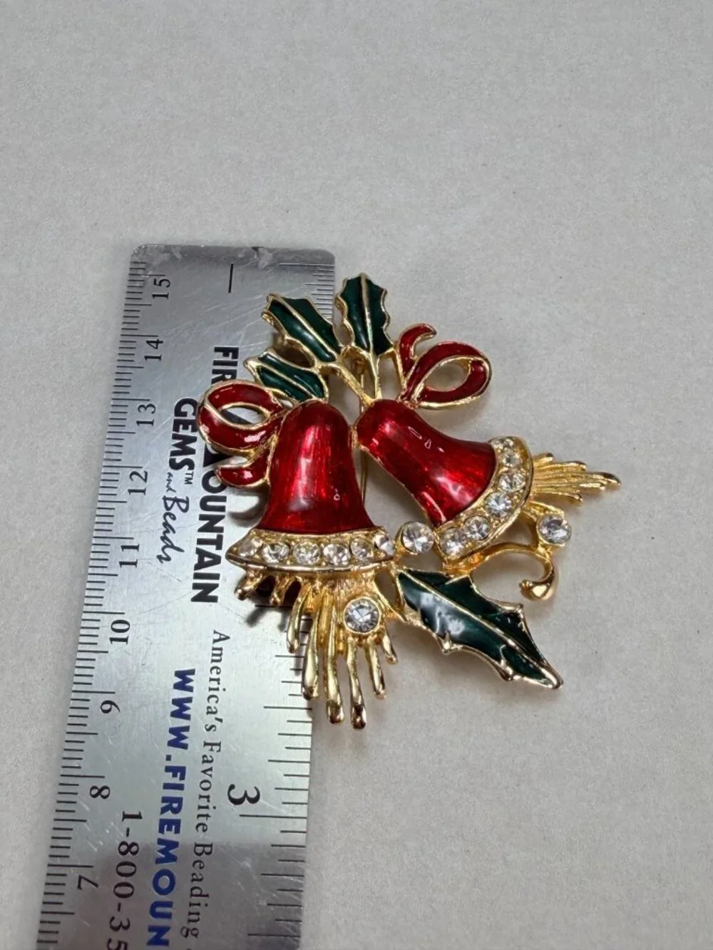Vintage Christmas Bells Brooch Red Enamel Rhinestone Gold Tone Pin Holiday